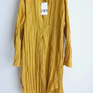 Zara Mustard Yellow V-Neck Pleated Linen Blend Tunic Dress Size XS/Small